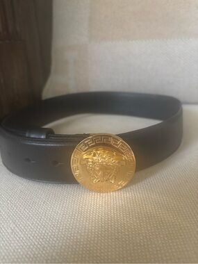 Versace Black Leather Belt with Gold Medusa Coin Buckle